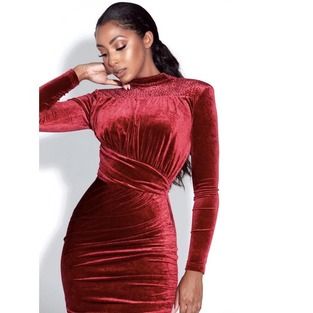 Wine Backless Velvet Dress With Crystals #1695 - Picture 2 of 5